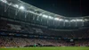Blick vom Spielfeldrand auf den grünen Rasen und die vollbesetzten Tribünen des Stadions bei einem atmosphärischen Abendspiel unter Flutlicht.
